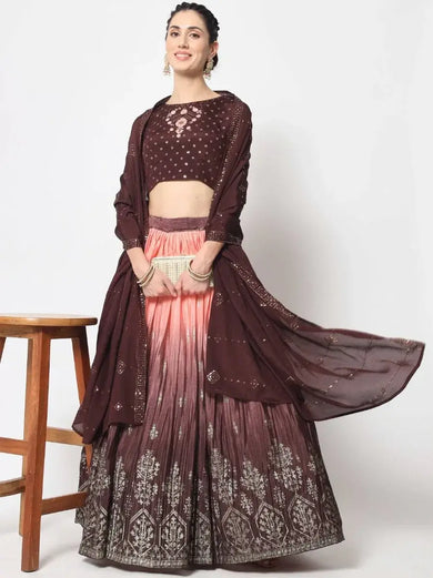 Tanned Brown Foil Printed Silk Festive Wear Lehenga Choli